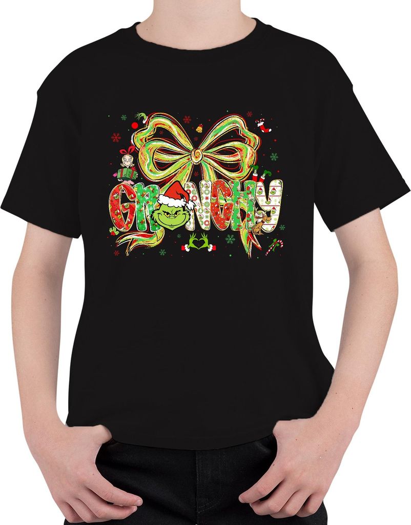 Grinchy Weihnachtsgrinch lustig Santa Schleife Geschenk Retro Uni Kinder T-Shirt, Schwarz, 128