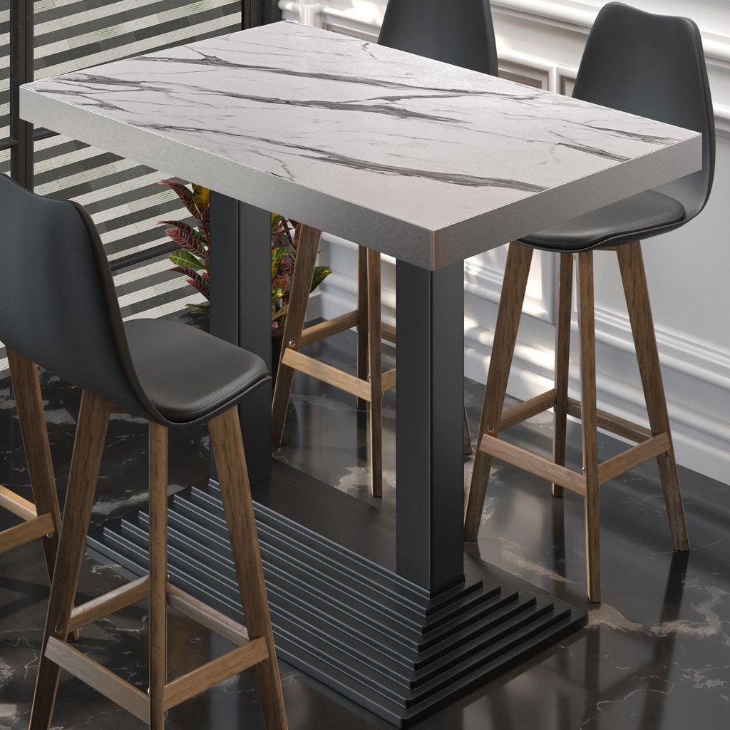 BPY | Bistro Stehtisch | 120 x 70 x 114 cm | Edelstahl Rand | Rechteckig | Weiß Marmor / Schwarz | Gastro Steh Tisch Restaurant