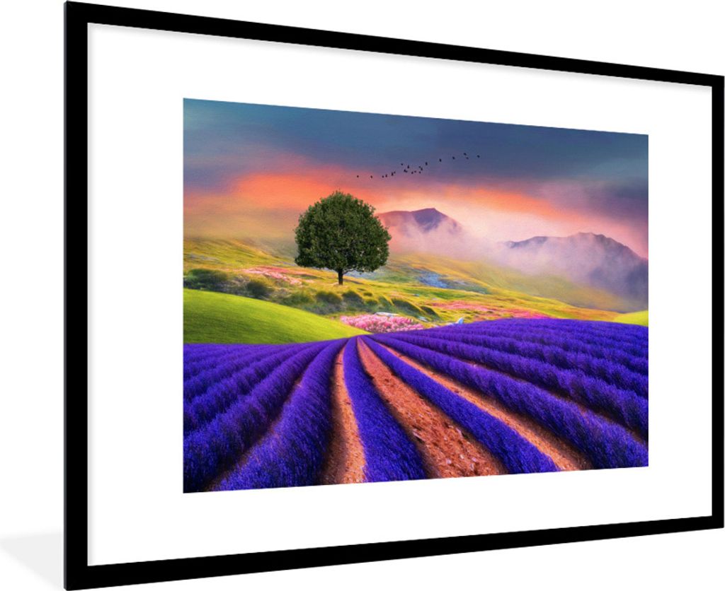 MuchoWow Gerahmtes Poster Gemälde eines Lavendelfeldes 90x60 cm - Poster mit Schwarzem Bilderrahmen Wandposter Rahmen Foto Bilder - Wanddekorati...