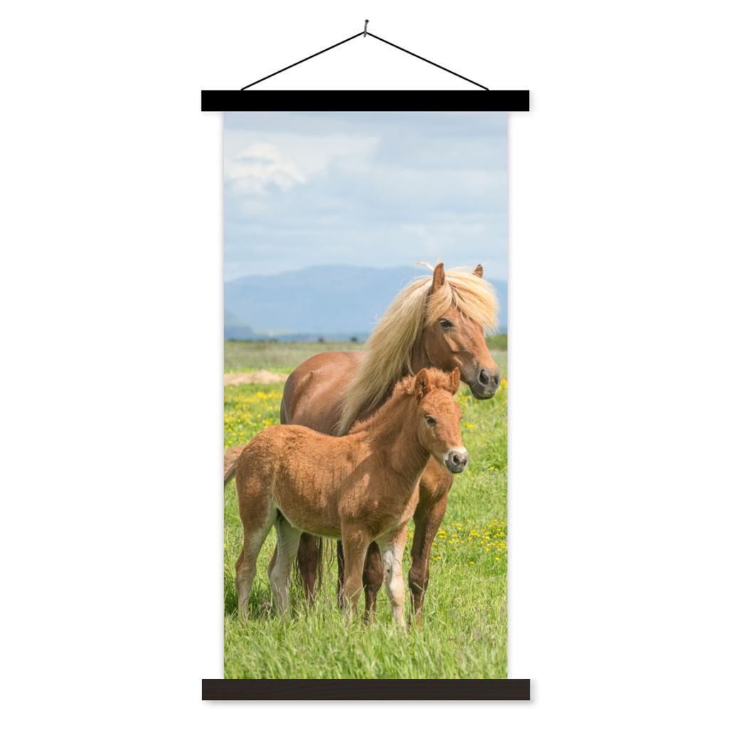 MuchoWow Textilposter Pferde - Fohlen - Gebirge 40x80 cm mit schwarzem Rahmen - Wandemalerei