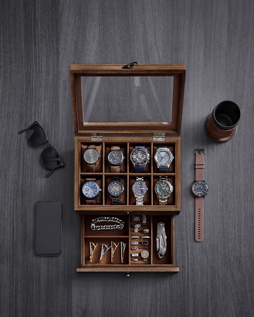 Coffret de rangement montres anti-rayures bois brun 8 emplacements - 4