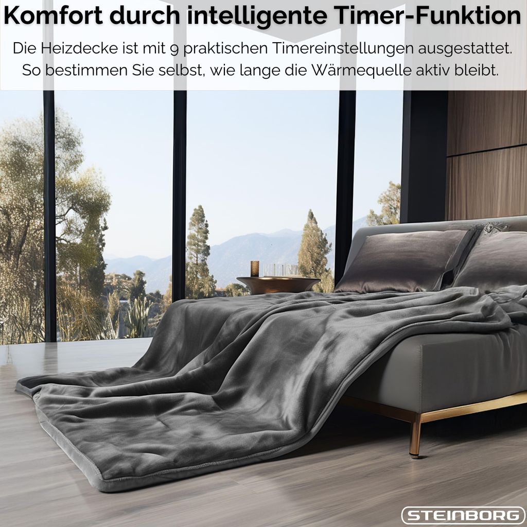 Coperta Elettrica Steinborg 150x80 Cm – 6 Livelli Calore, Timer 2-4-6h, Lavabile 30°, Pile Grigia – Per Artrite E Nevralgie