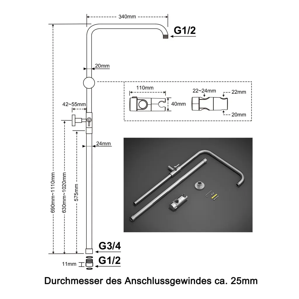 JOHO Asta Doccia In Acciaio Inox Nero 92 Cm Con Supporto Regolabile E Braccio Girevole 360° Per Soffione, Colonna Doccia A Parete - 4