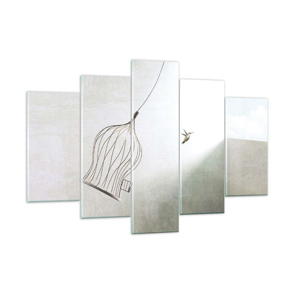 Bilder auf glas - 5 Teile - Flug Vogel Käfig - 150x100cm - Glasbilder - Wandbilder - Bilder - zum Aufhängen bereit - Wanddekoration aus Glas - Gl...