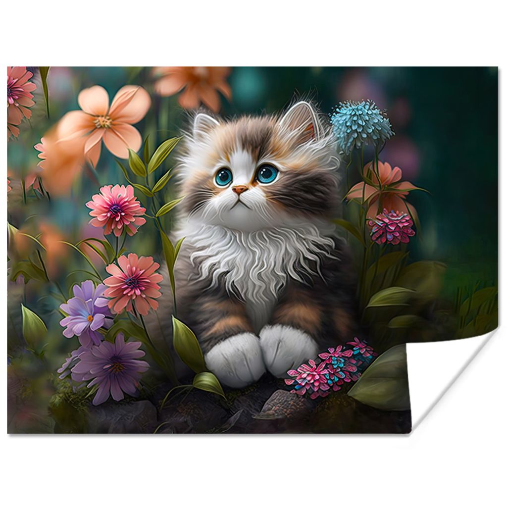 MuchoWow Poster Kätzchen - Illustration - Blumen - Natur - Katze 160x120 cm - Foto Plakat