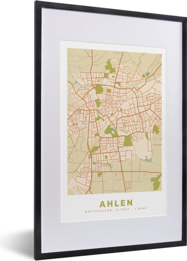 MuchoWow Gerahmtes Poster Stadtplan - Ahlen - Vintage - Karte 40x60 cm - Poster mit Schwarzem Bilderrahmen Wandposter Rahmen Foto Bilder - Poster...