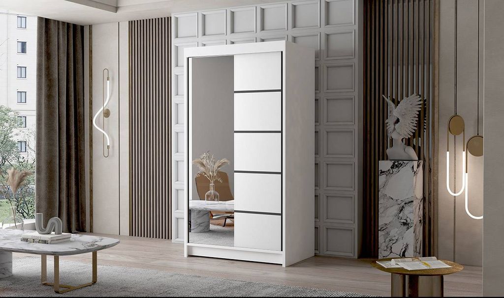 Schwebetürenschrank 2-türig Schrank 100 cm mit Regalen Moderne Kleiderschrank Garderobe für Kleidung Modell FALCO III WEISS
