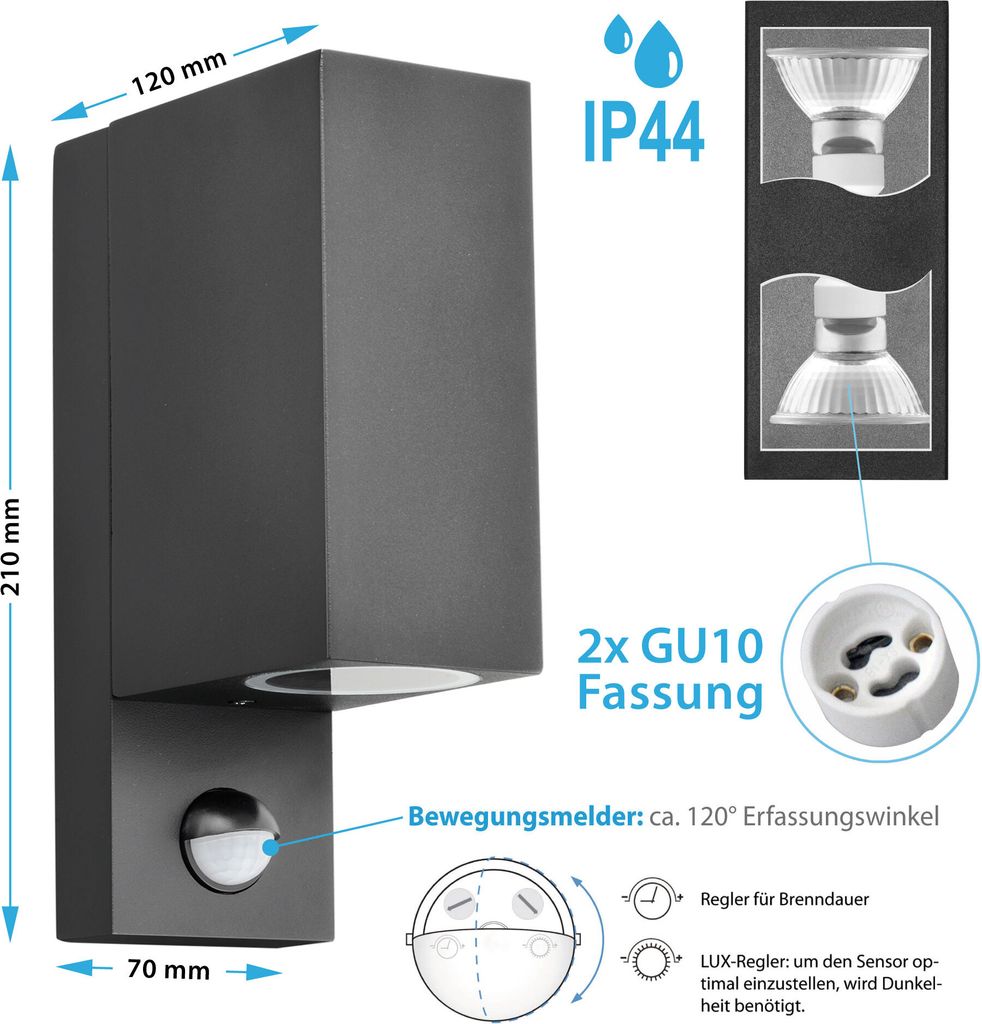 Max K O M F O R T Aussenleuchte Schwarz - Solar Wandlampe Mit Warmweiß LED