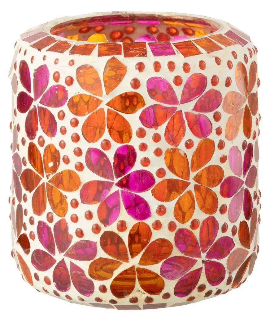 Bougeoir en Verre Artisanal Rose Foncé et Orange Style Mosaïque
