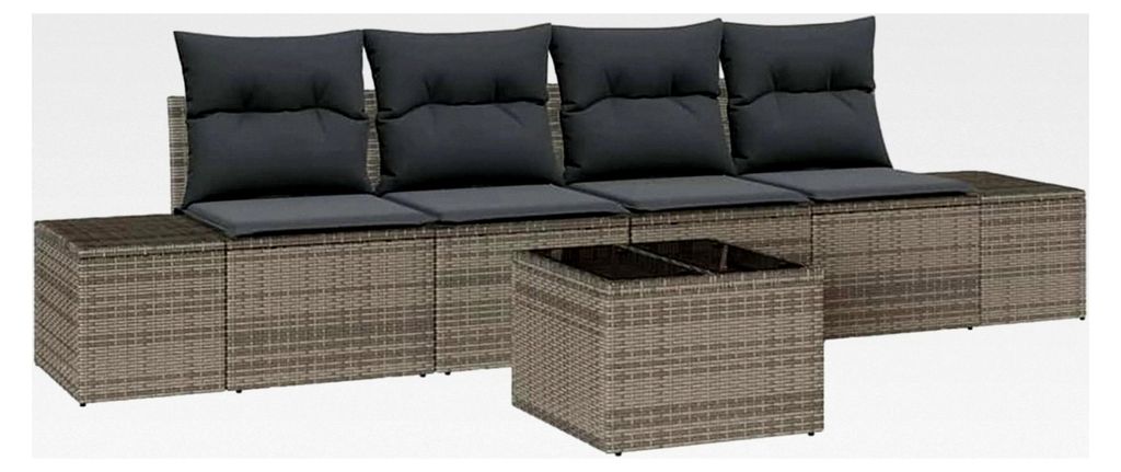5-teiliges Garten-Sofa-Set mit Kissen in Grau aus Poly-Rattan für den Außenbereich