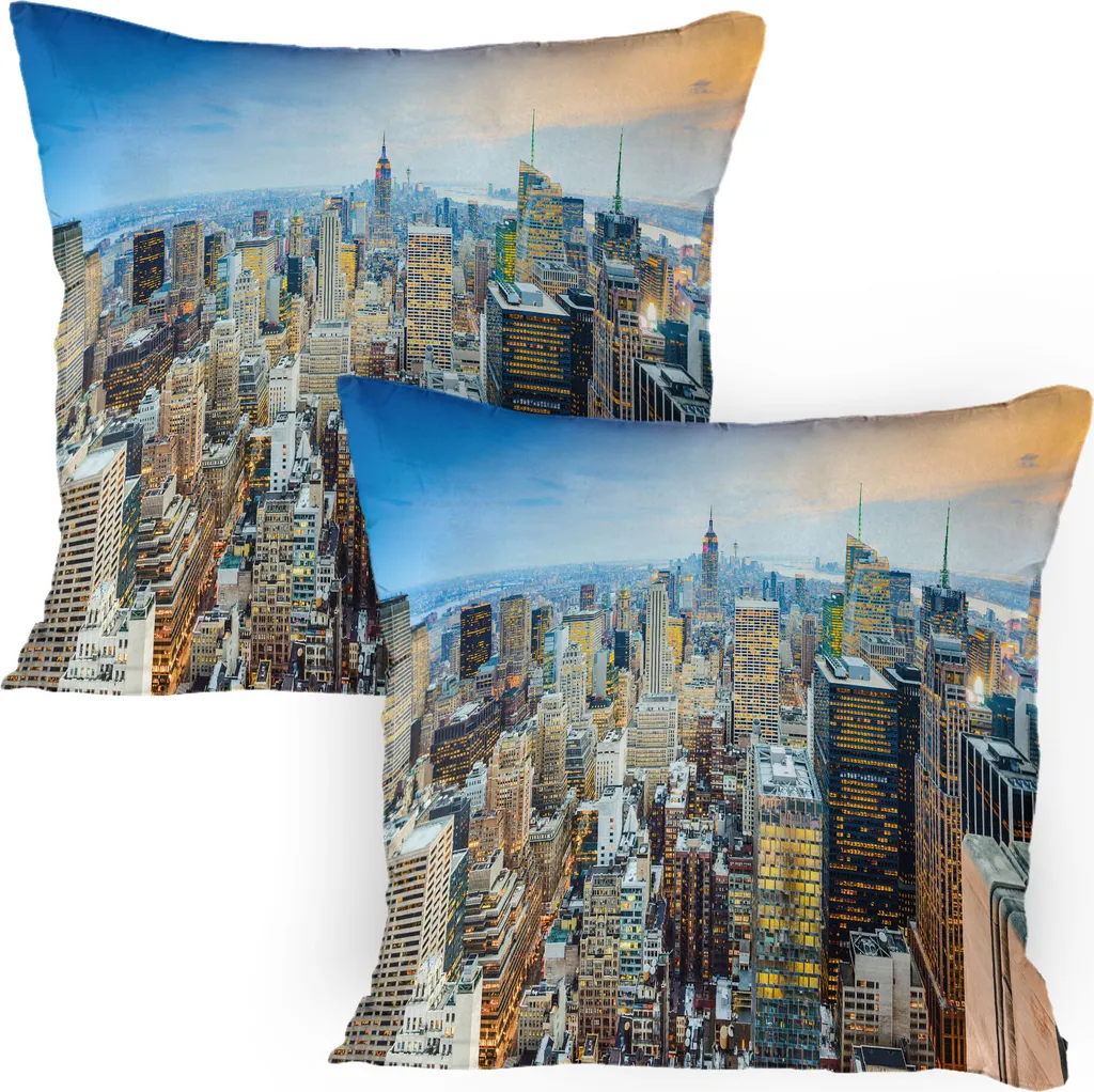ABAKUHAUS americano Federa per cuscino Confezione da 2, New York City antenna con grattacieli Manhattan panorama urbano architettonico, Federa per cuscino decorativa stampata, 80x80 cm, Grigio Blu Pesca