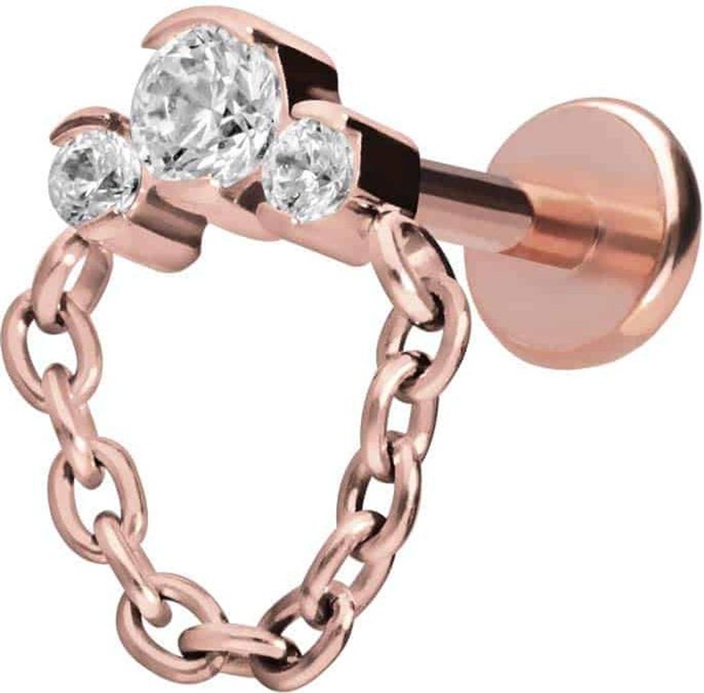 Ohrpiercing, Nasenpiercing Titan Labret mit Push Fit 3 EINGEFASSTE KRISTALLE + KETTE RoséGold Stablänge: 9mm | Stabstärke: 1mm