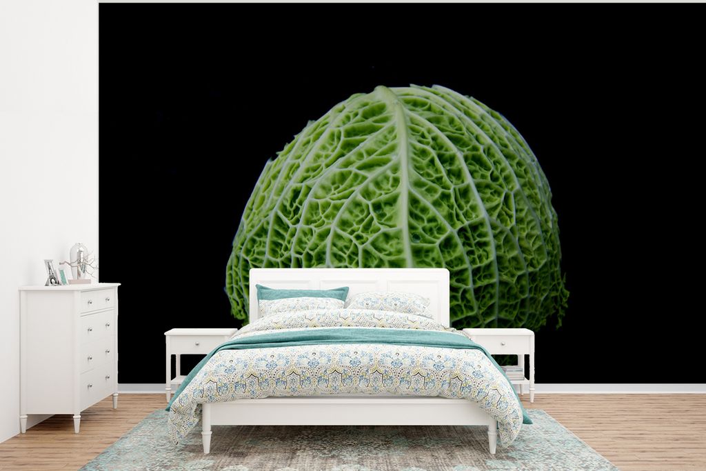 MuchoWow Fototapete für Wohnzimmer oder Schlafzimmer Wandtapete Vinyl Motivtapete Ein Kohlkopf auf schwarzem Hintergrund - 350x260 cm - Wohnzimm...