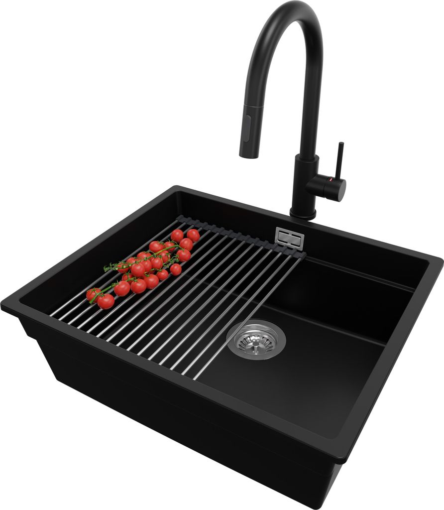 PRIMAGRAN Granitspüle Schwarz 56x47cm, Spülbecken 1 Becken + Ablauf-Set + Küchenzubehörset, Küchenspüle ab 60er Unterschrank - Praga Slim