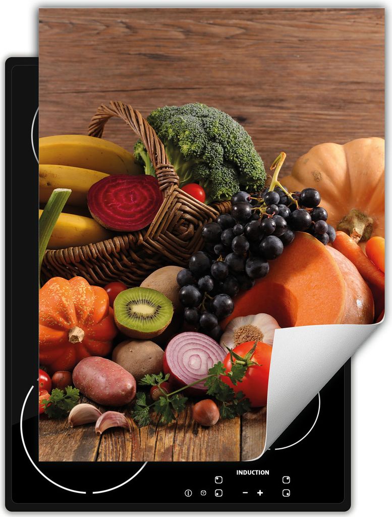 DarHaus Herdabdeckplatte Einteilig Küche Abdeckplatte für Ceranfeld Abdeckung Induktionskochfeld Aufrollbare Matte 40x52 cm, Gemüse - Holz