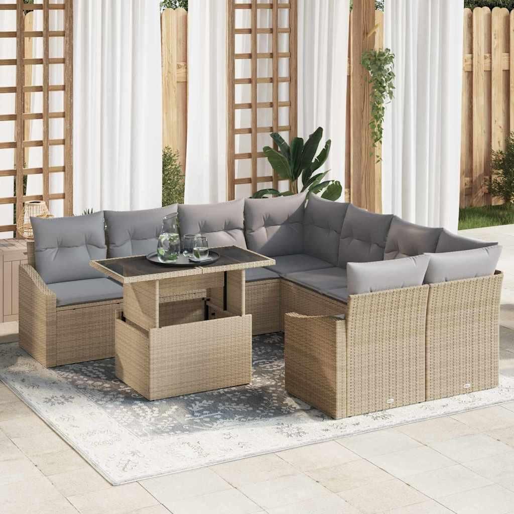 "Rabatt" Garten-Sofa-Set - Balkonmöbel/Terrassenmöbel - mit Speicher - 9 pcs Beige Poly Rattan - Lounge-Dining set CC13138