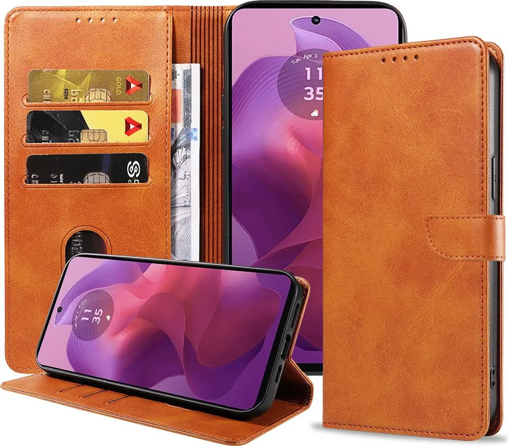 Adatto per Motorola Moto G24 Custodia in ecopelle con labbro magnetico e portacarte Custodia a libro con patta - Custodia a portafoglio con slot per carte - Marrone - Smartphonica