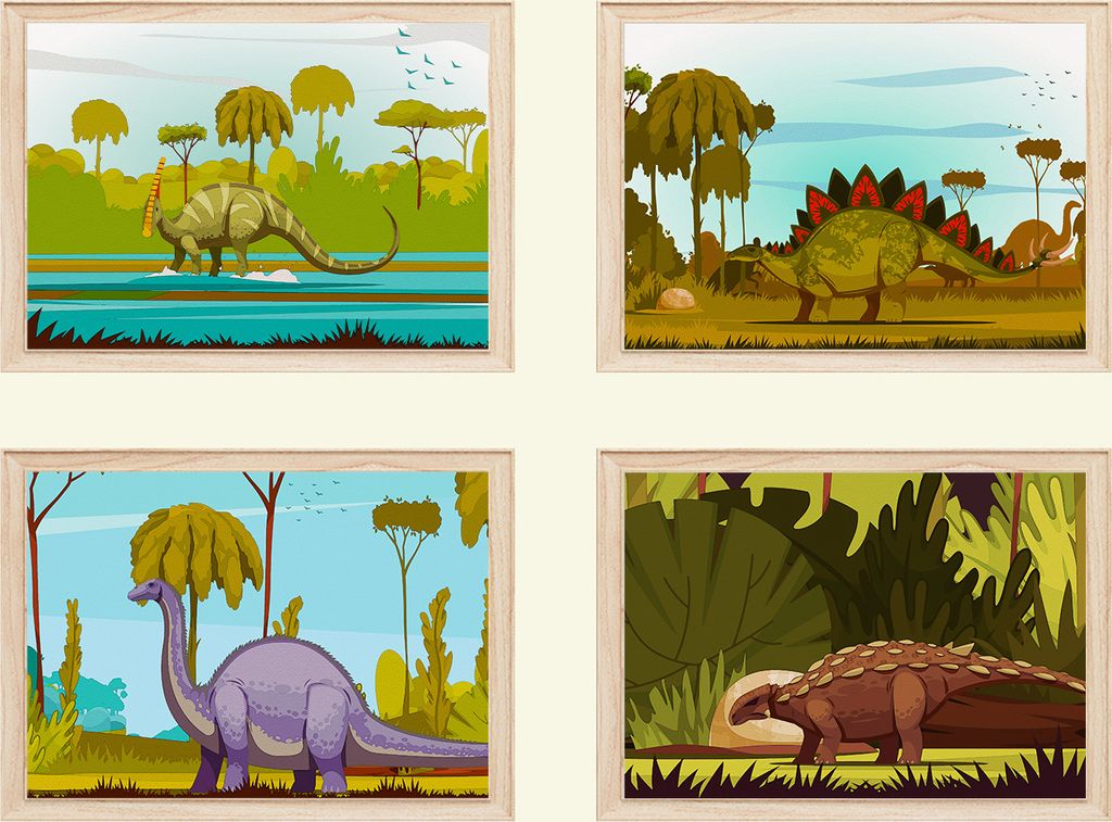Dinosaurier Bilder 4er Set DIN A4 Dino Kinderzimmer Wandbilder Babyzimmer Poster Dekoration