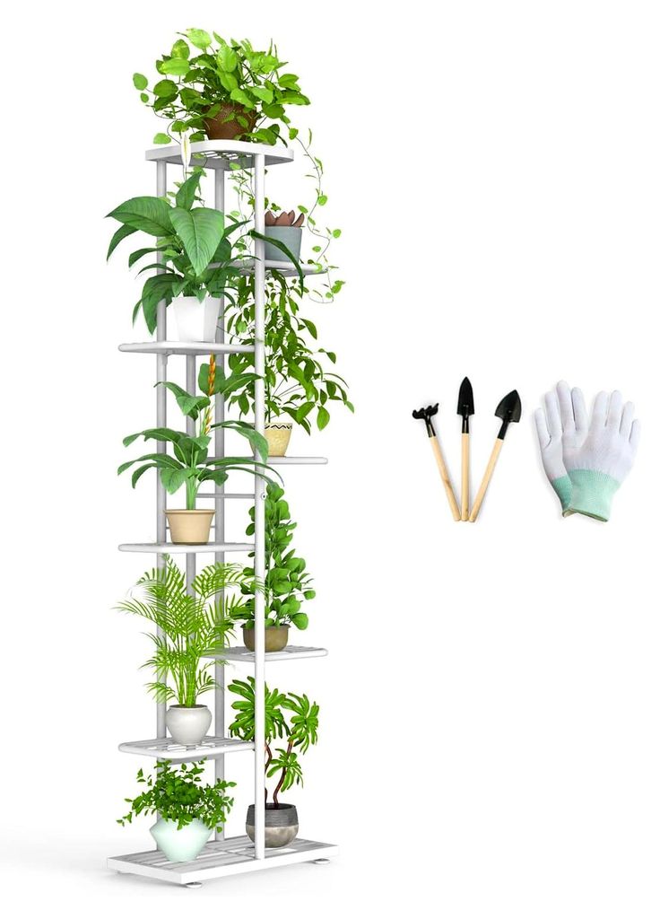 8-stöckiger Blumenständer in Weiß mit Gartengeräten und Handschuhen, 141 cm hoch, Metall Pflanzenständer für Innen und Außen, mehrstöckiges...