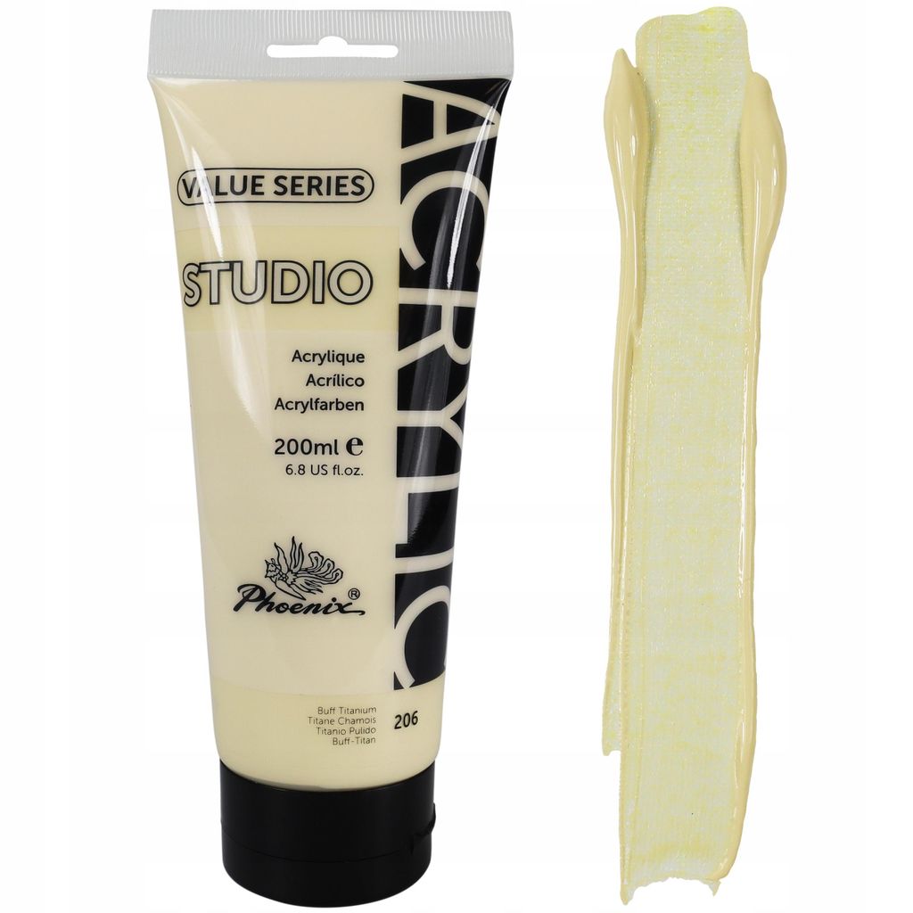 Phoenix Acrylfarbe 200ml Tube – 206 Buff Titanium (Elfenbein / Creme) – Künstlerfarbe Studio Qualität – Wasserfest für Leinwand, Holz, Steine
