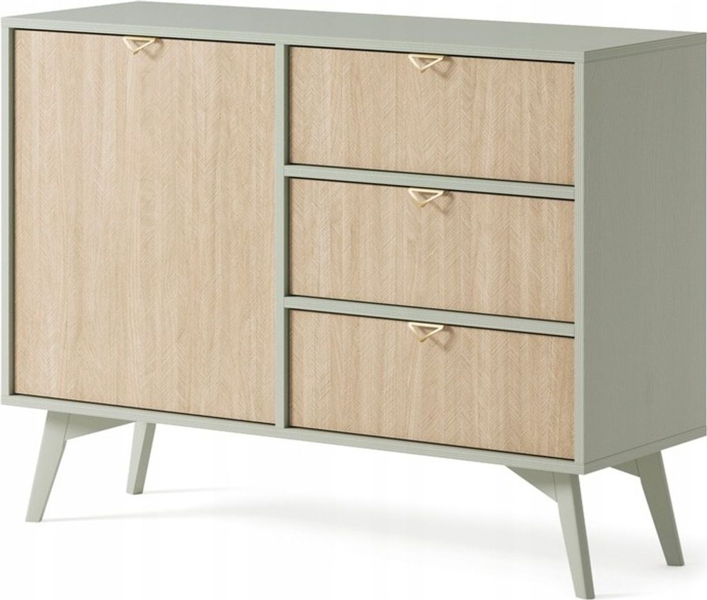 Sideboard WOOD - Kommode mit 3 Schubladen - Holzbeinen, Modern Design - Gold Aluminium Griffen - Hellgrün