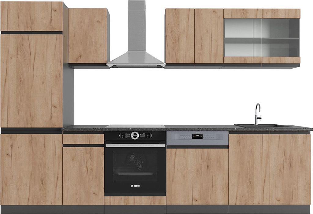 Küchenzeile Vicco R-Line Goldkraft Eiche/Anthrazit 300 cm J-Shape, AP Anthrazit, Model 42946