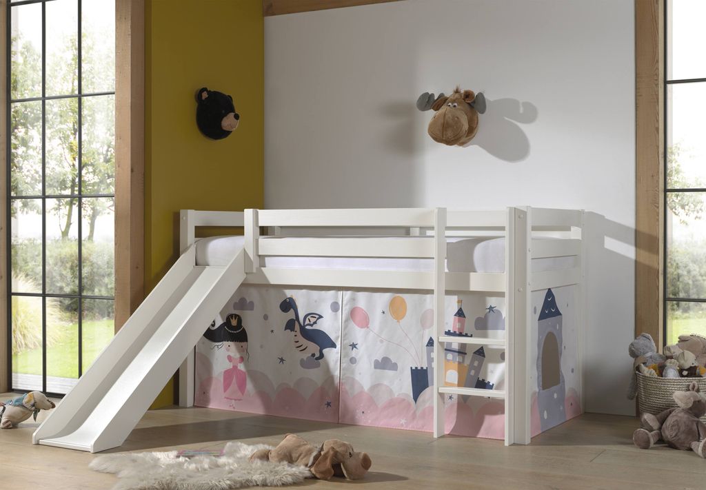 Vipack Halbhohes Bett PINO, mit Rutsche und Textilset "Princess Sophie", Ausf. Kiefer massiv weiß lackiert