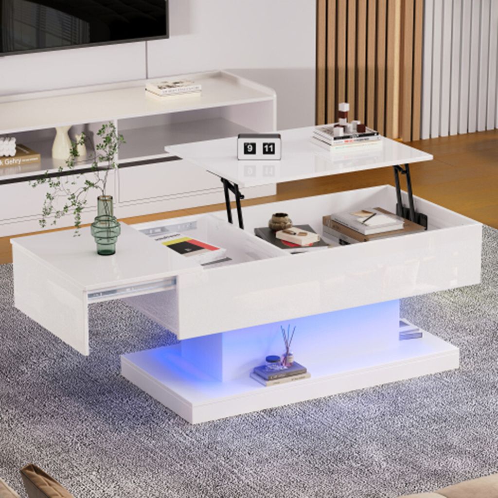 Hochglanz-Lift-Teetisch LED Couchtische Kaffeetisch Halbhebbares Tischblatt und verschiebbares Design Stauraum