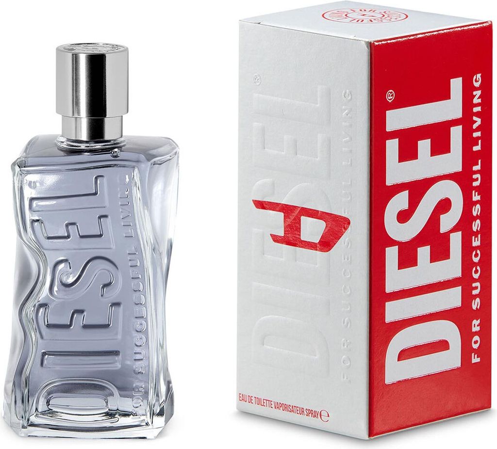 A bottle of Diesel D By Diesel Eau De Toilette Spray and its packaging are displayed side-by-side against a white background.