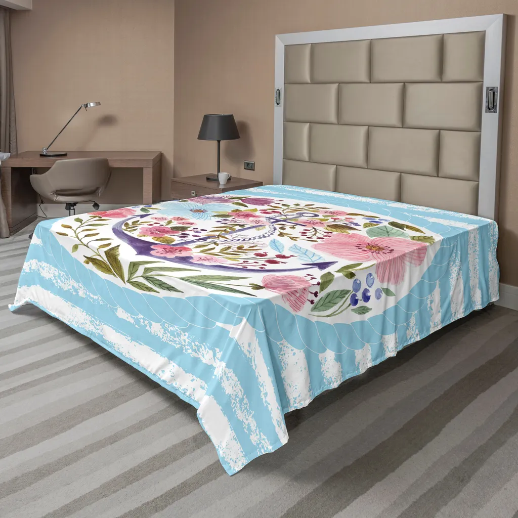Drap plat ABAKUHAUS Vintage Bouquet Floral Rose et Ancre Marine 275x260 cm