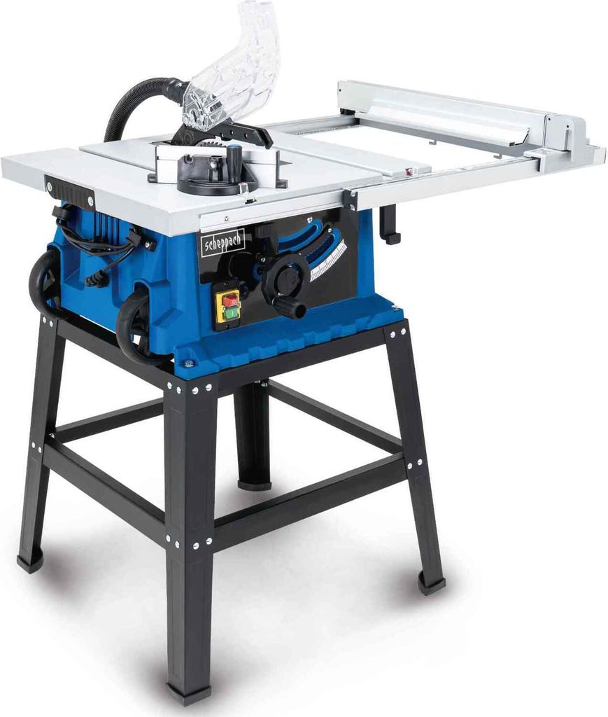 A blue and gray table saw on a black metal stand, presented against a white background.