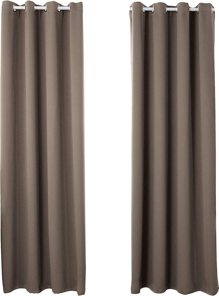 Two taupe-colored curtains hanging side-by-side against a white background.