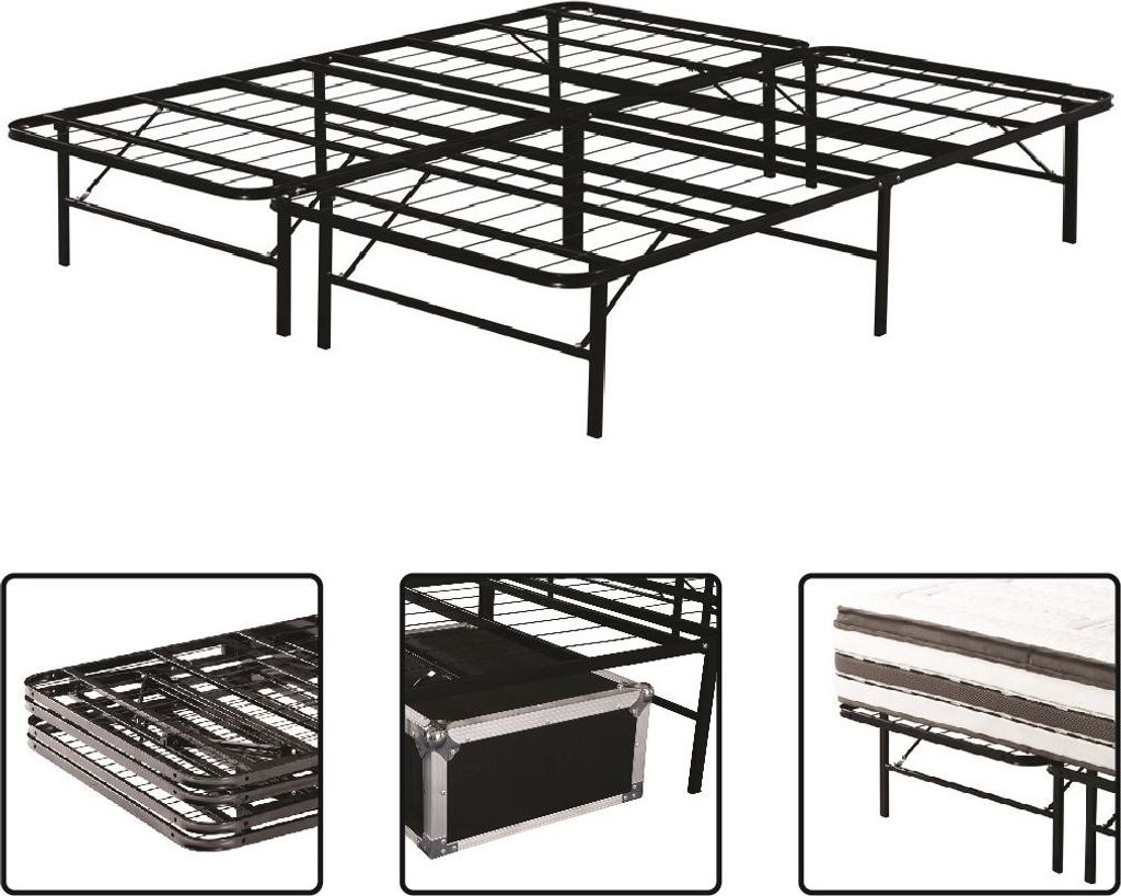 A collage of images showing a black metal folding bed frame, a folded bed frame, a bed frame with storage, and a mattress on a bed frame.