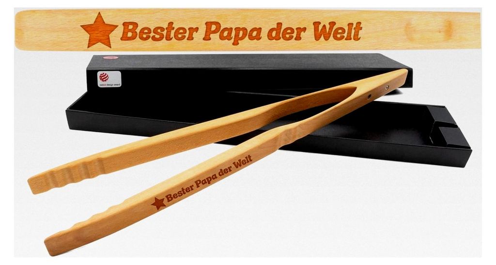 Zetzsche Design-Grillzange mit Gravur 'Bester Papa der Welt' inkl. Geschenkverpackung, Geschenk zum Vatertag oder Geburtstag, Holzzange Greta geeig...