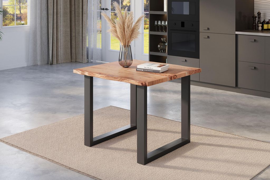 Esstisch Baumkante 80 x 80 cm Akazie natur massiv U-Gestell schwarz NICK