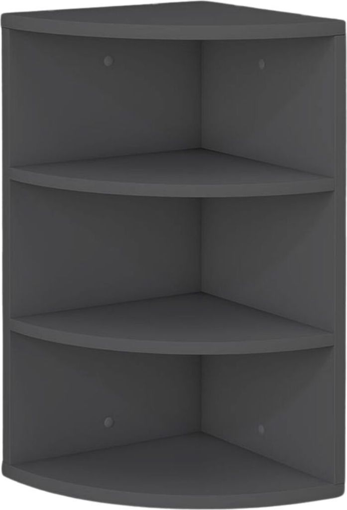 A dark gray corner shelf unit with three shelves.