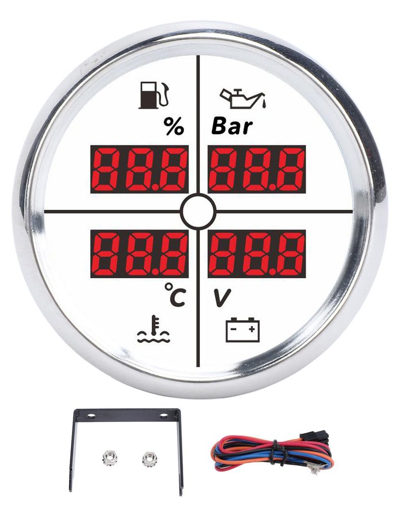 52 mm 4-in-1-Multifunktionsanzeige, Digitalanzeige, Kraftstoffstand, Öldruck, Wassertemperatur, Voltmeter mit Hintergrundbeleuchtung für Boot, Wo...