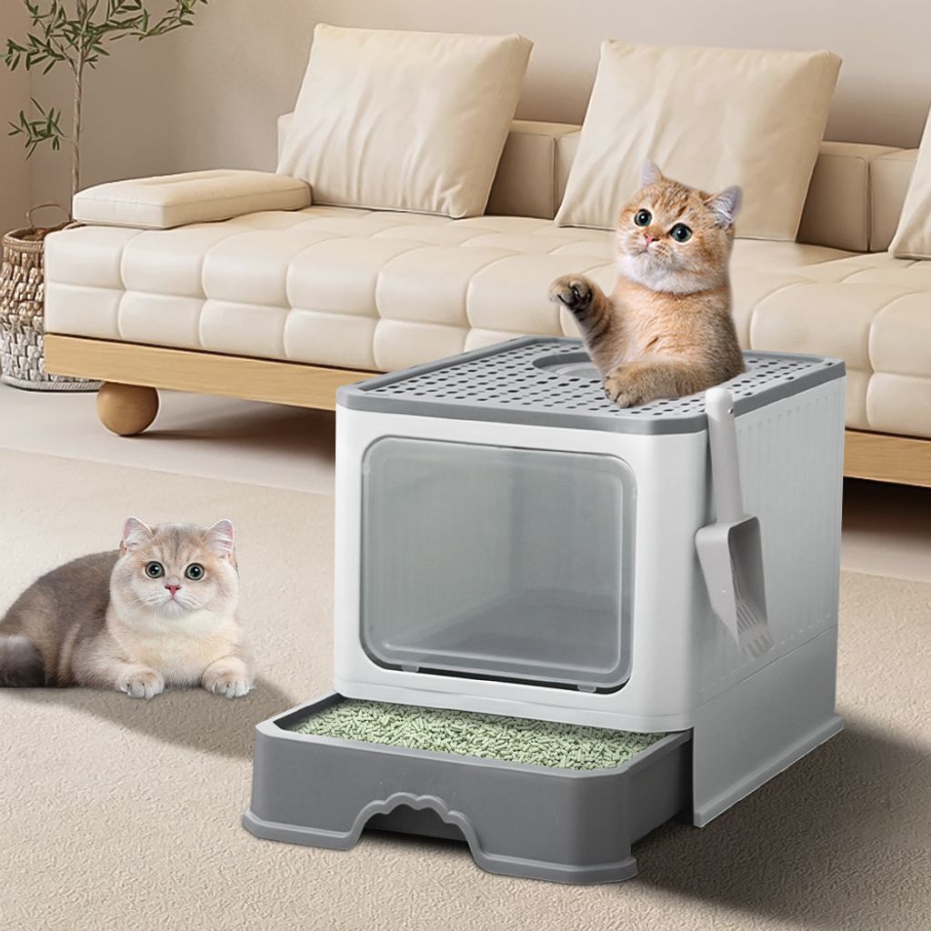 Katzentoilette mit ausziehbarer Schale Faltbar Katzenklo mit Deckel 50×38×37 grau