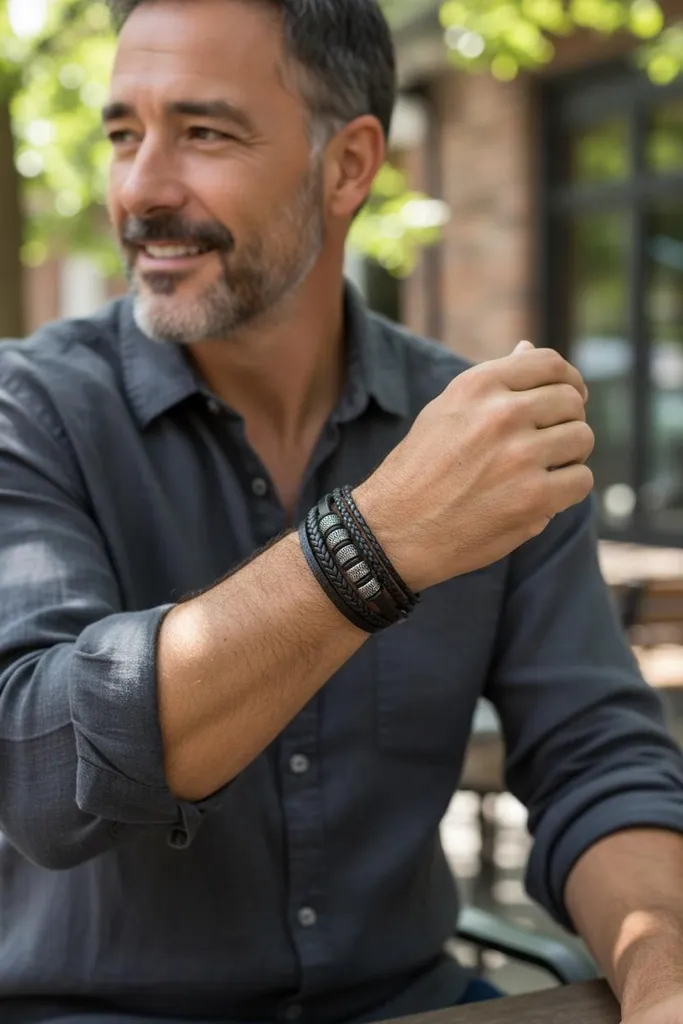 Bracelet Homme Cuir et Acier Argenté : Cadeau Idéal Style Rétro 21 cm - 7