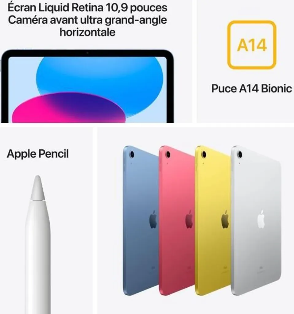 iPad 10.9 Pouces Apple Puce A14 Bionic 64Go WiFi Cellulaire Argent