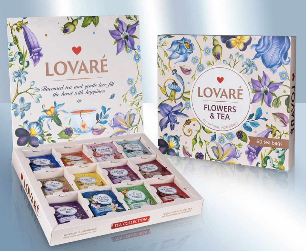 A box of Lovare tea with multiple tea bags displayed inside, and another box of the same brand in the background.