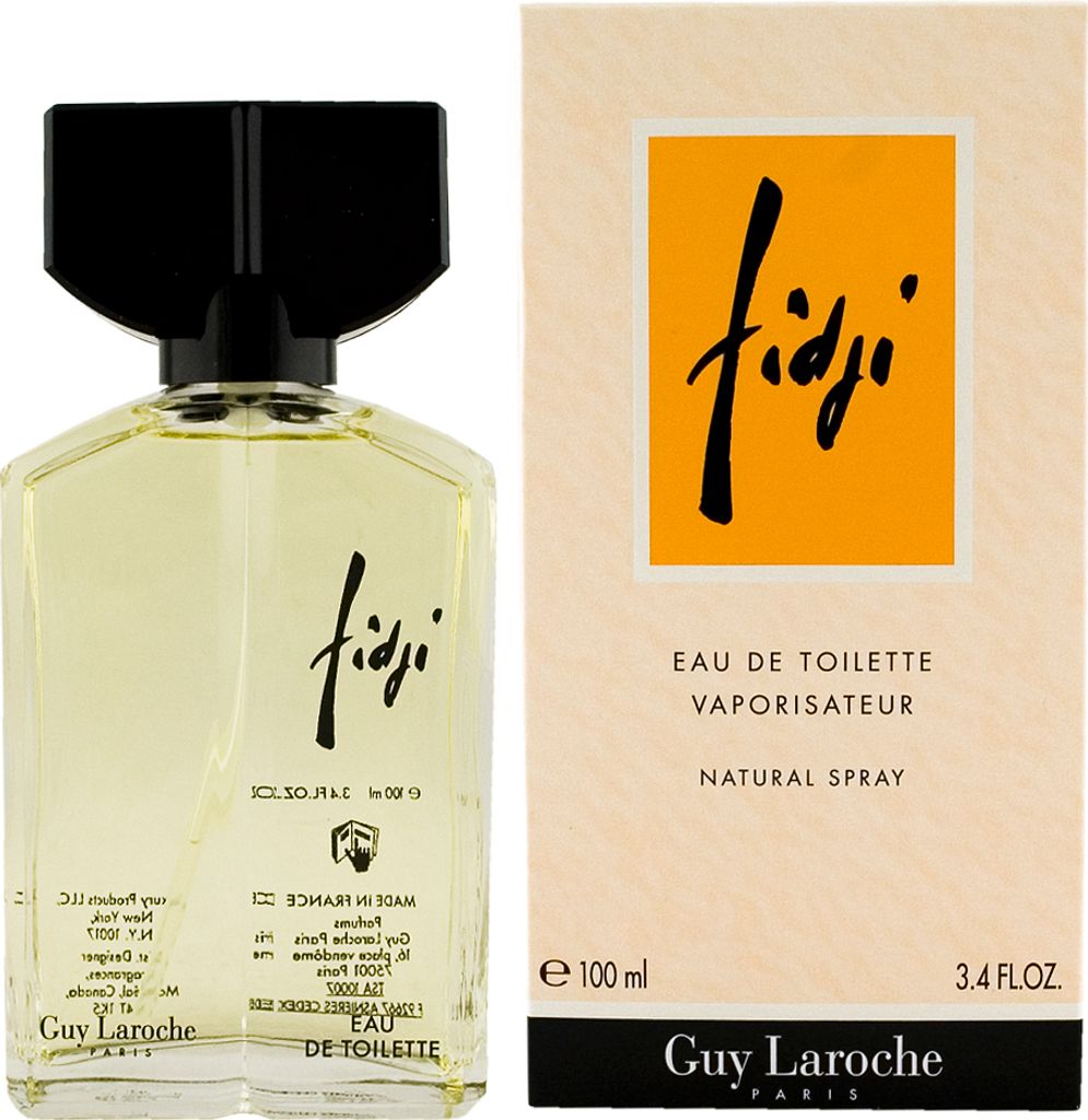 A bottle of Guy Laroche Fidji eau de toilette and its packaging are shown.