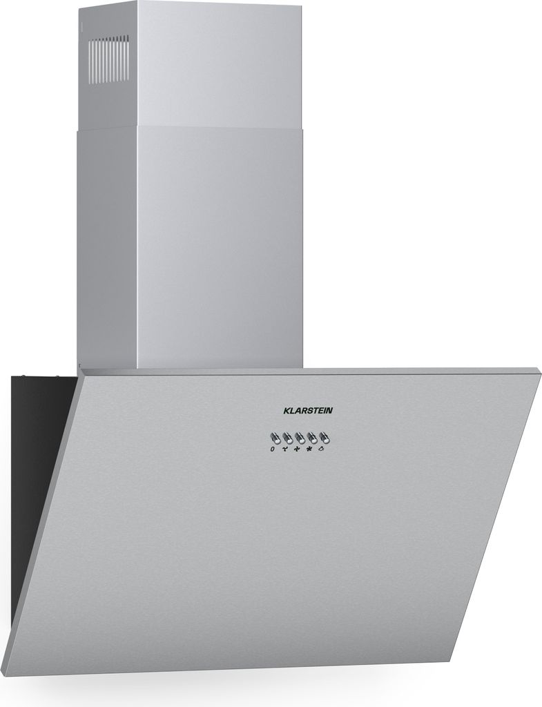 A silver kitchen hood against a white background.
