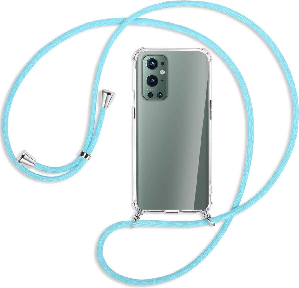 Handykette Backcover-Schutzhülle mit Band (Metall silberfarben) für OnePlus 9 Pro - himmelblau