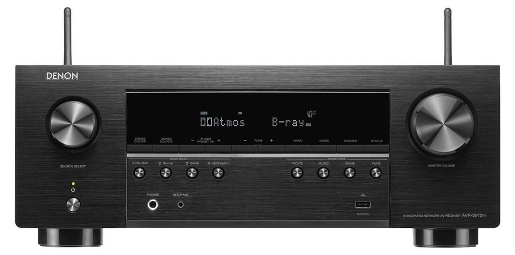 Front view of a black audio-visual receiver.