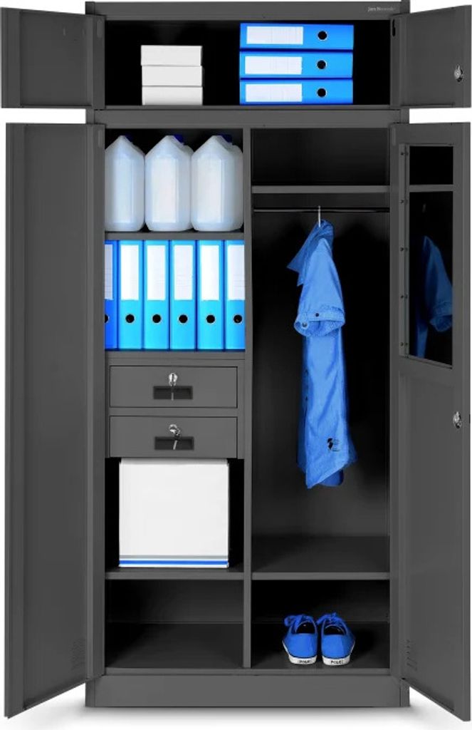 An open metal cabinet with various items stored inside.