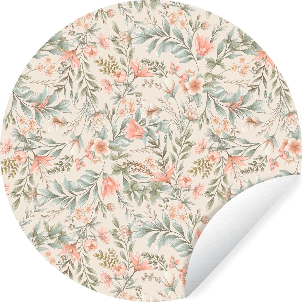 MuchoWow Runde Wandtattoo - Wandsticker Tapete Aufkleber Blumen - Vintage - Muster Ø 50 cm Selbstklebend und Repositionierbar - Wandaufkleber - ...