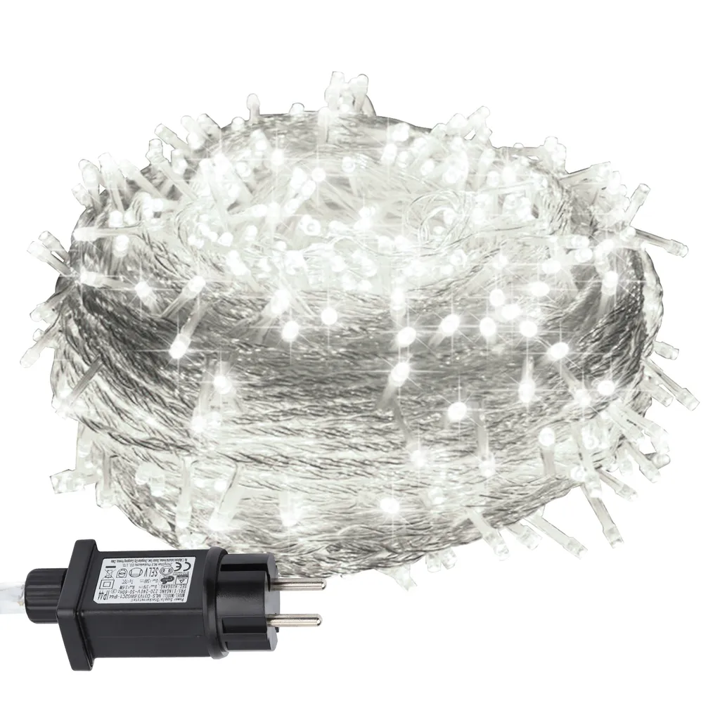 Bettizia LED luci fiabesche 100M 500LEDs IP44 con 8 modalità per interni ed esterni Festa di Natale funzionamento giardino Scintillio effetto stella decorazione Cavo trasparente Bianco freddo