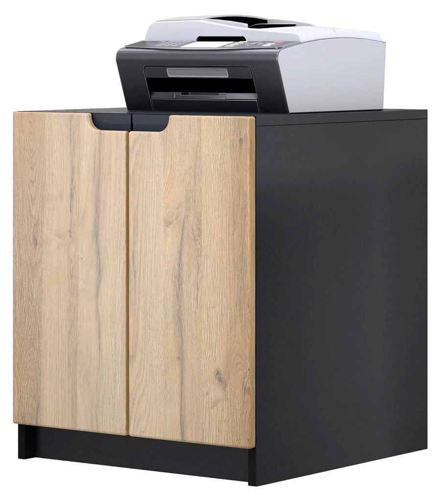 Druckerkommode Logan, Aktenschrank mit 2 Fächern und 2 Türen, Korpus in Schwarz matt, Fronten in Eiche Natur, (51 x 60,5 x 54 cm)