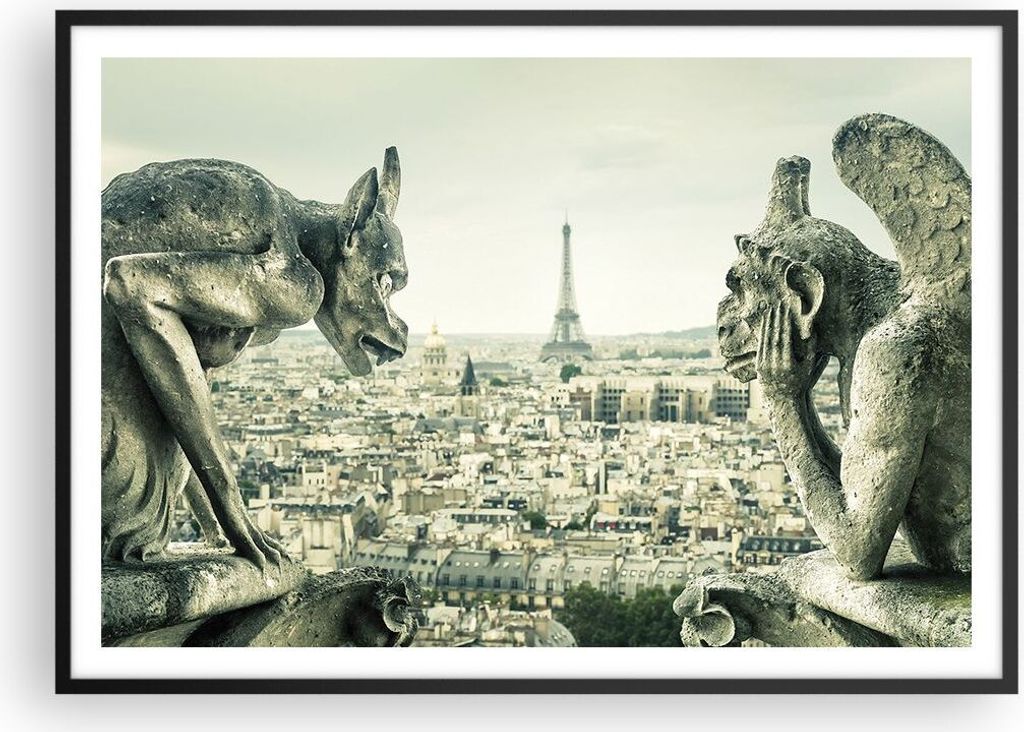Gerahmtes Poster - Schwarzer Rahmen - Wasserspeier Paris Notre-Dame - 100x70 cm - Wand Bild - Wanddeko - Wandbilder - Kunstposter - Wandposter - Bi...